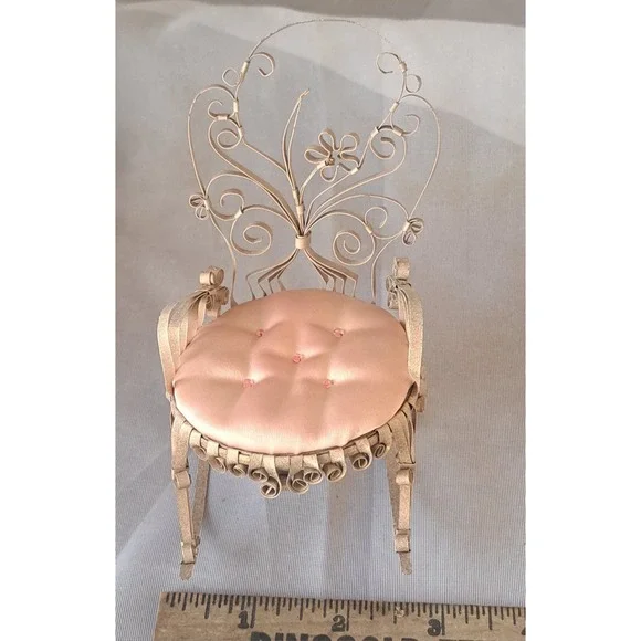 Folk Art Chair Soda Pop Tin Can Pin Cushion Scroll Quill Work Doll Chair - Picture 5 of 8